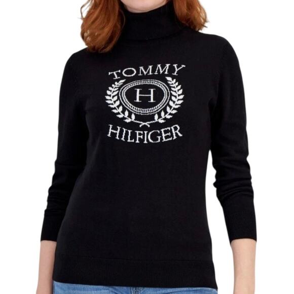 Tommy Hilfiger Women’s Crest Stella Logo Turtleneck Sweater Black Size M - Picture 1 of 2
